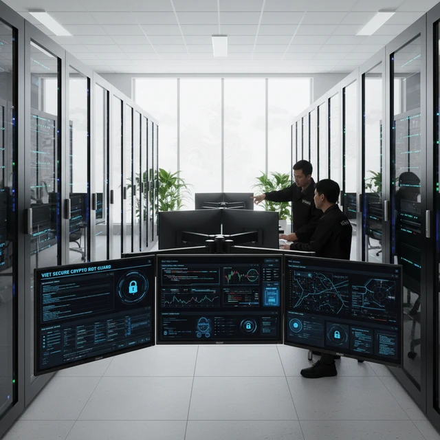An ninh phòng máy chủ bot giao dịch.