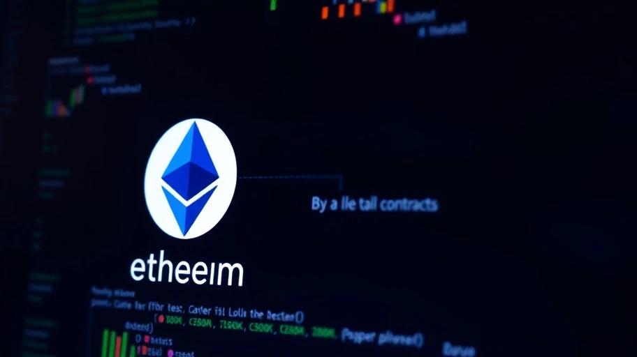 Biểu tượng Ethereum và hợp đồng thông minh trên màn hình