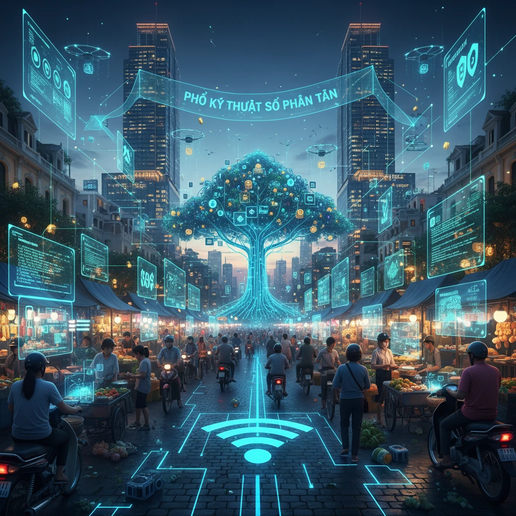 Cảnh thành phố sôi động, đại diện cho tài sản phi tập trung.