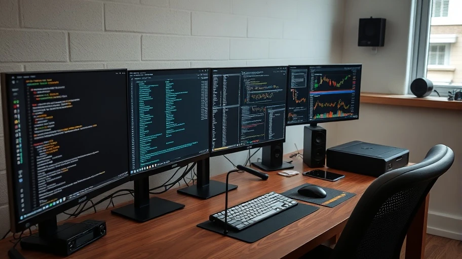Hình ảnh bàn làm việc lập trình viên với dữ liệu thị trường crypto.