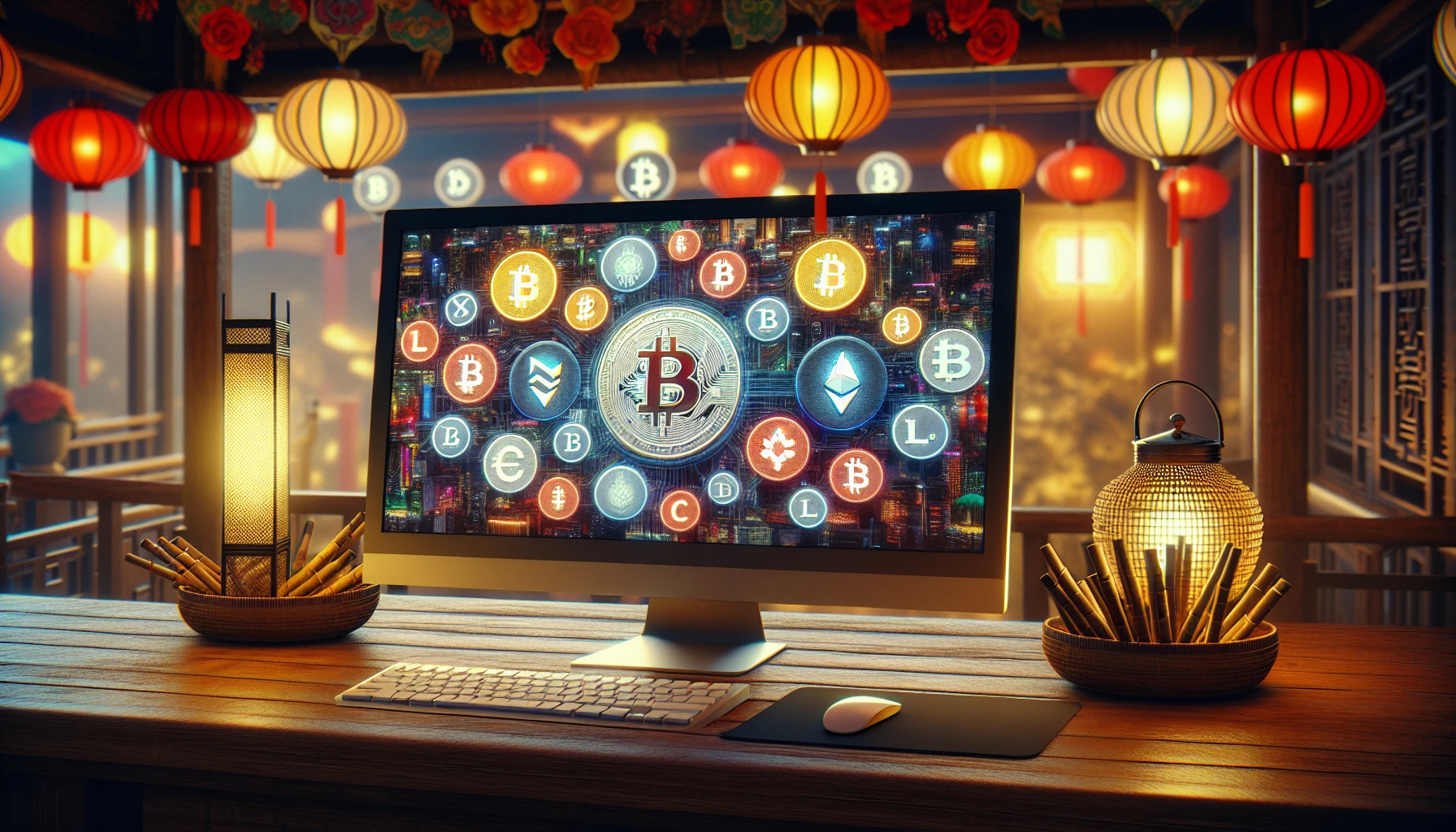 Hình ảnh màn hình hiển thị đa dạng biểu tượng crypto