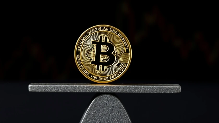 Hình ảnh một đồng coin cân bằng trên cân, biểu thị tính ổn định và thách thức của stablecoin.
