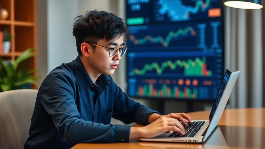 Hình ảnh một nhà đầu tư trẻ người Việt quản lý danh mục đầu tư trên laptop.