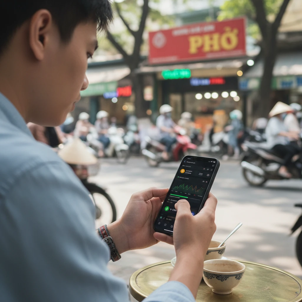 Hình ảnh người dùng tiến hành giao dịch tiền mã hóa trên điện thoại.