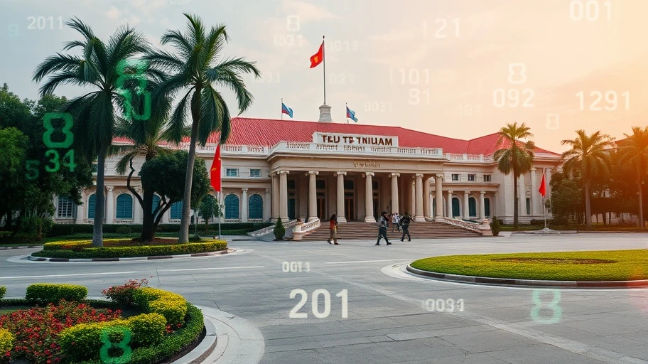 Hình ảnh tòa nhà chính phủ với mã số kỹ thuật số, biểu thị chính sách crypto.