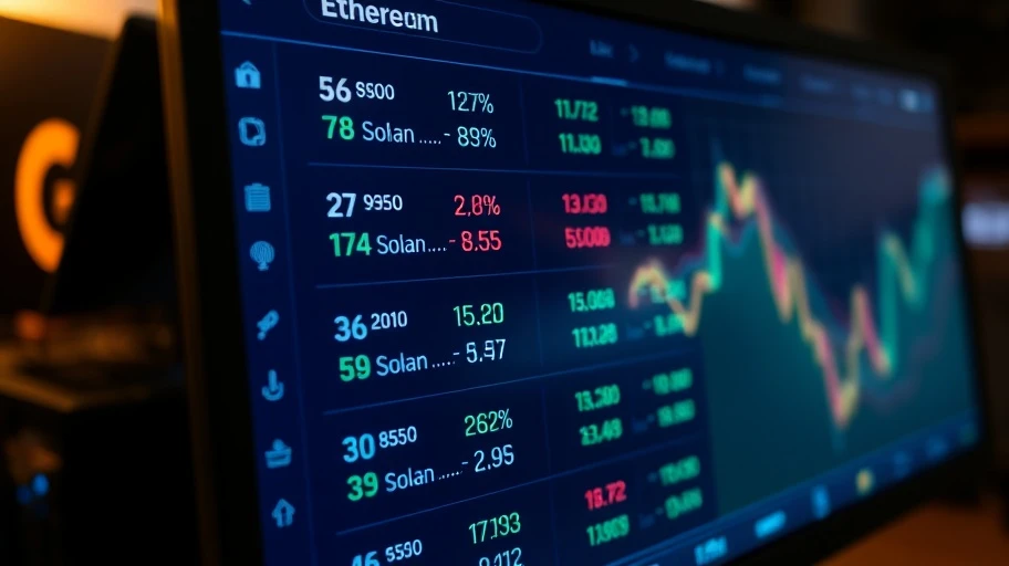 Màn hình hiển thị giá các altcoin như Ethereum và Solana trong môi trường công nghệ cao.