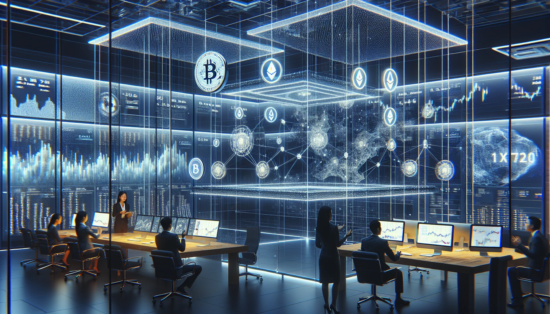 Mạng blockchain và biểu tượng tiền điện tử hiển thị trên màn hình số hoá.
