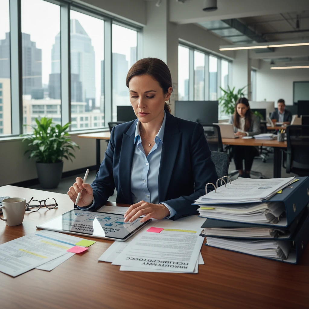 Người đang kiểm tra tài liệu tuân thủ ở văn phòng hiện đại.