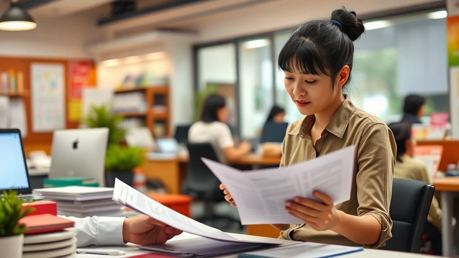 Người đầu tư xem xét tài liệu tài chính tại văn phòng.