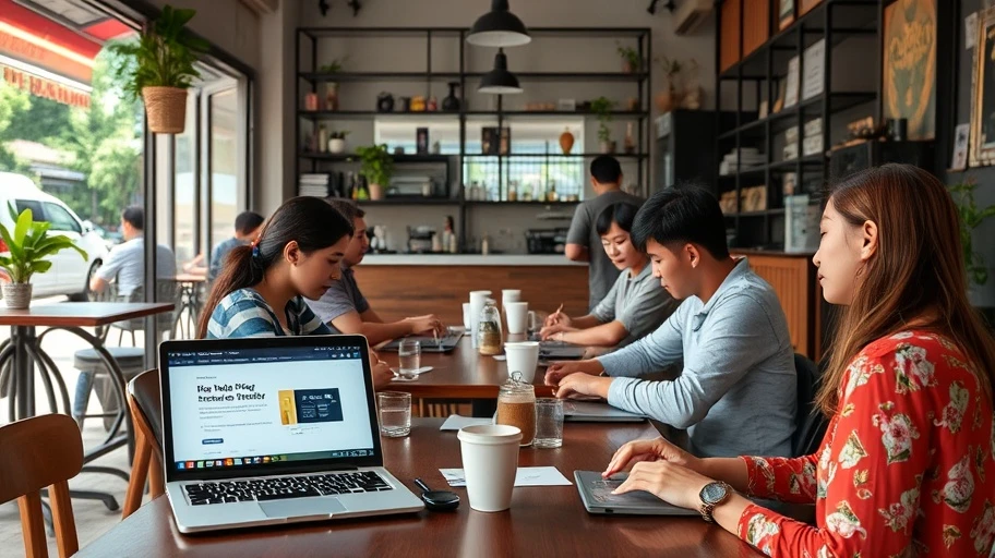 Người dùng truy cập ứng dụng DeFi tại quán cafe