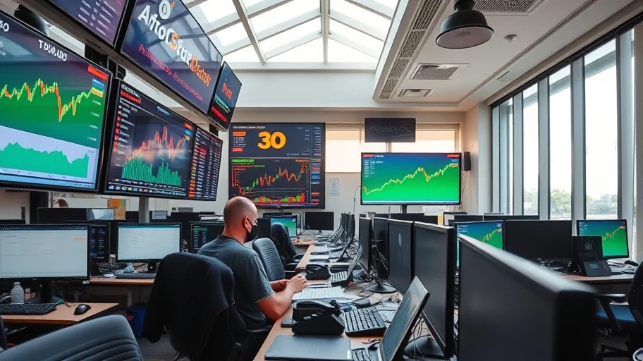 Tác động thị trường đến giao dịch Bitcoin trong văn phòng năng động.