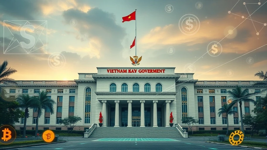 Tòa nhà chính phủ Việt Nam với biểu tượng tiền kỹ thuật số.