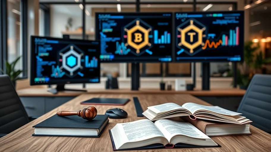 Văn phòng hiện đại với màn hình blockchain và sách luật