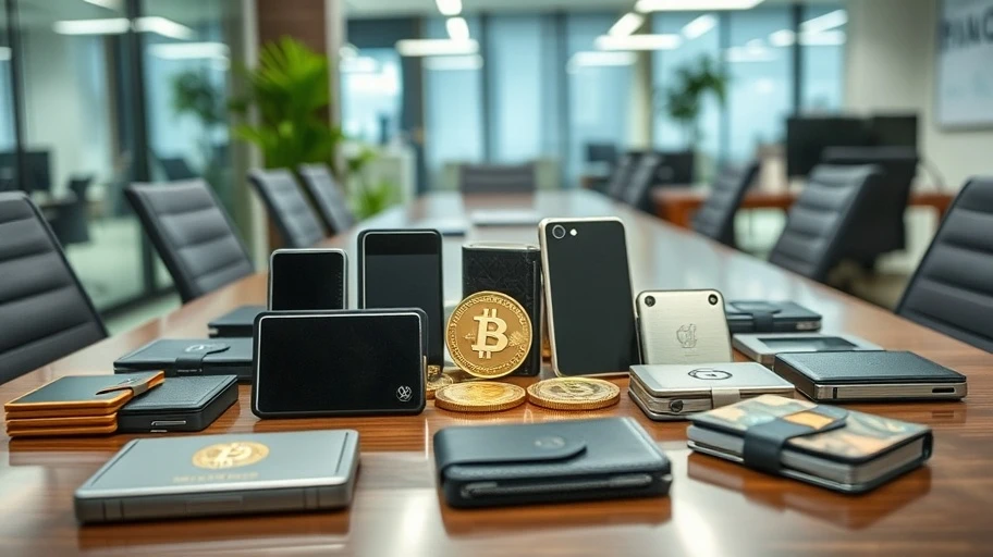 Ví crypto hardware hàng đầu trên bàn trong văn phòng hiện đại.